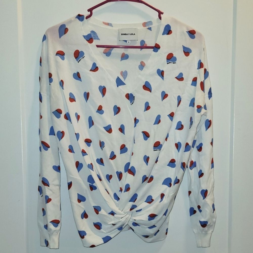 Sienna & Lola White Twist-Front Scoop Neck Sweater with Blue & Red Heart Print
